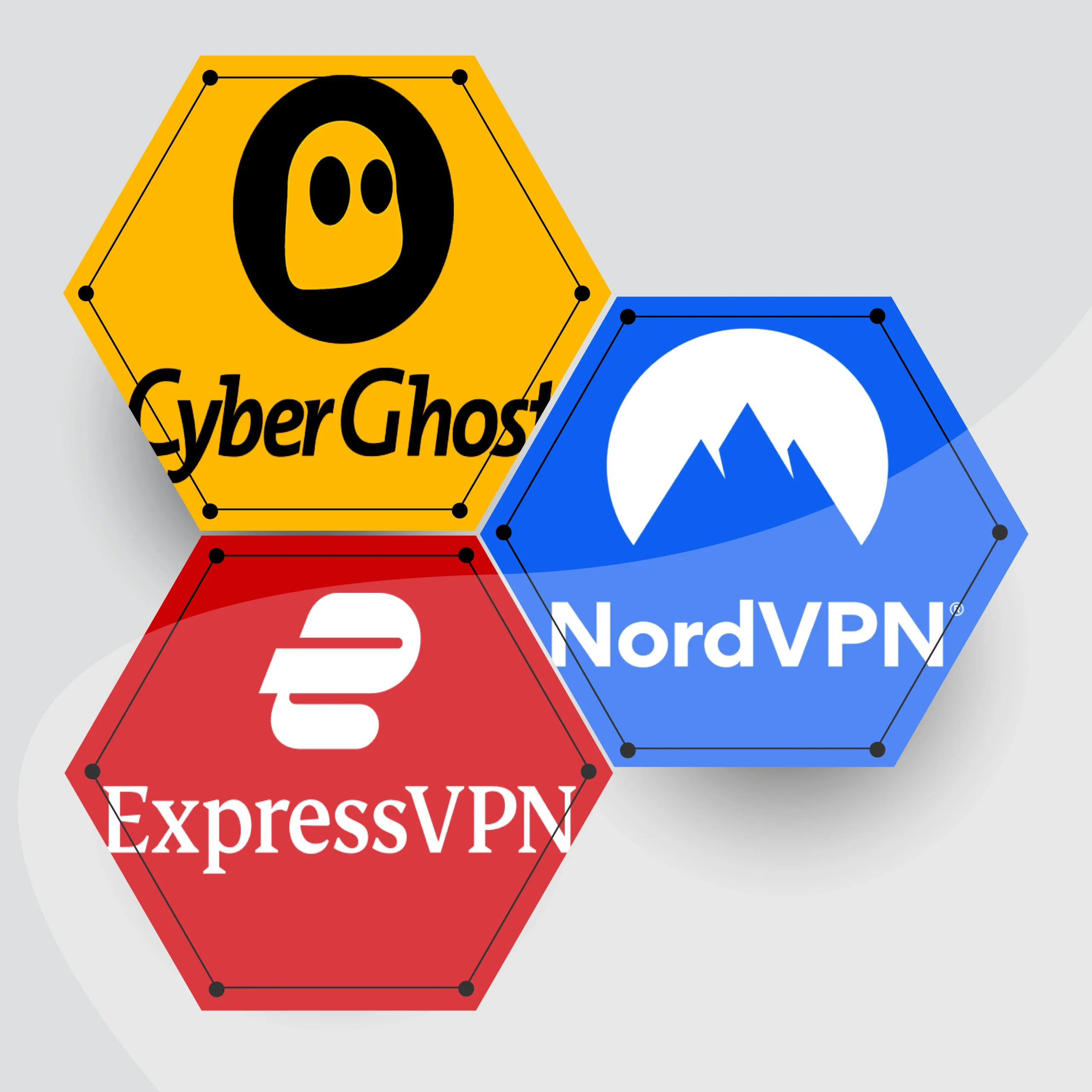 Illustration des logos de trois services VPN populaires : CyberGhost, NordVPN et ExpressVPN, représentés dans des hexagones colorés sur un fond moderne.