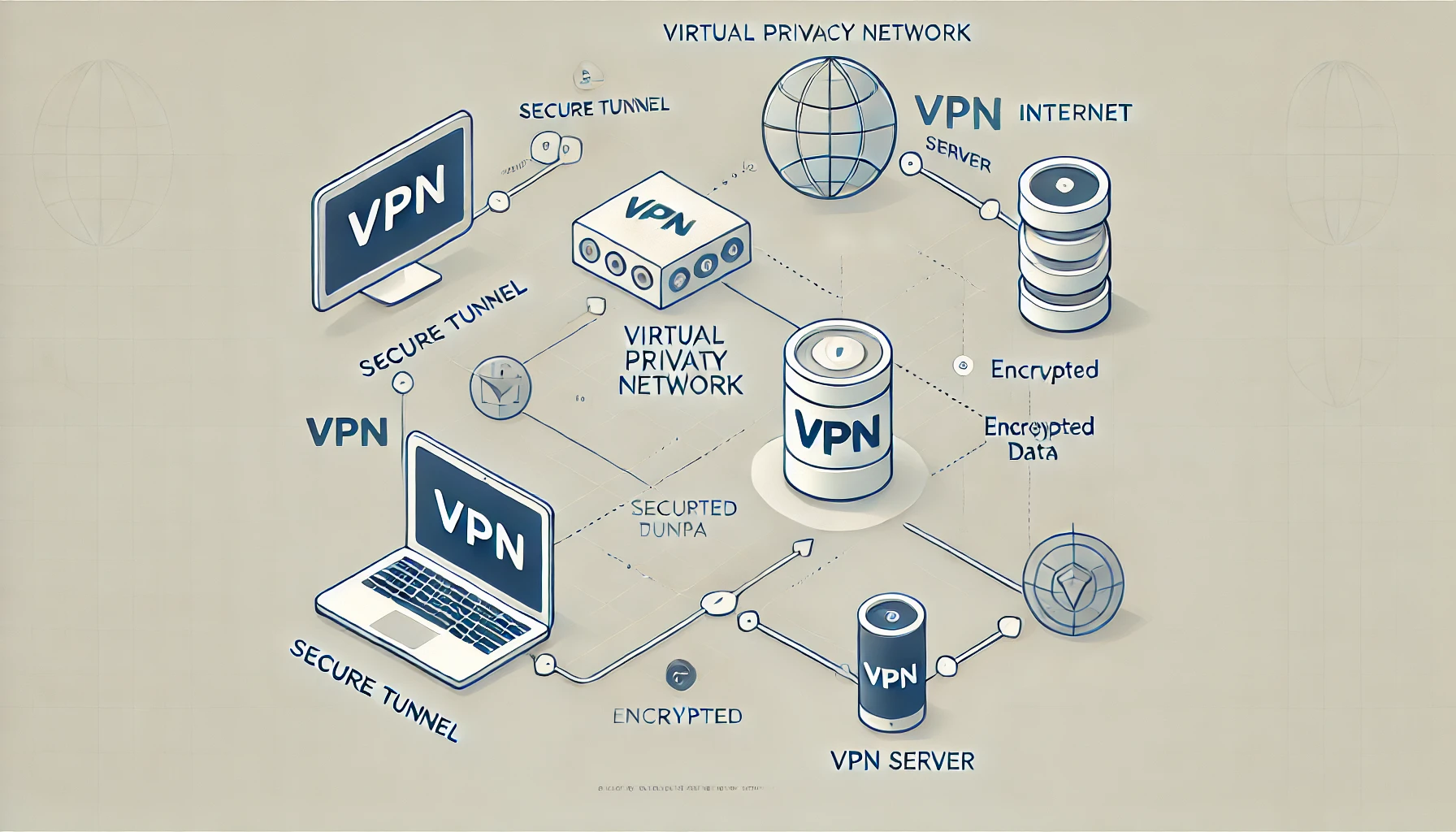 Diagramme simple montrant le fonctionnement d'un VPN avec un appareil utilisateur, un serveur VPN et l'internet, reliés par un tunnel sécurisé.